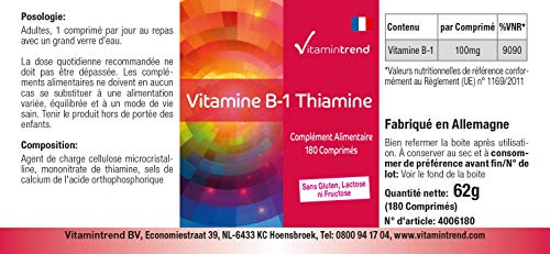 Vitamina B1 Tiamina 100mg –Bote para ¡6 MESES! – 180 comprimidos de vitamina B – altas dosis de tiamina – para el metabolismo– energía