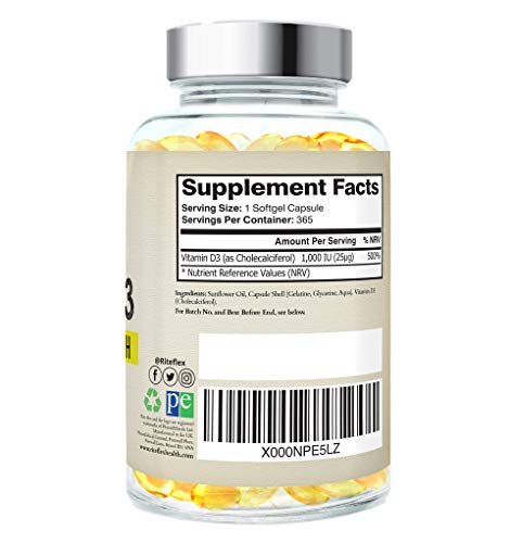 Vitamina D3 1.000 IU, 365 Cápsulas de Gel Suministro Para Un Año, Sólo Una Dosis Al Día, Eficacia Óptima de Flex-D3 (365 Cápsulas de Gel)