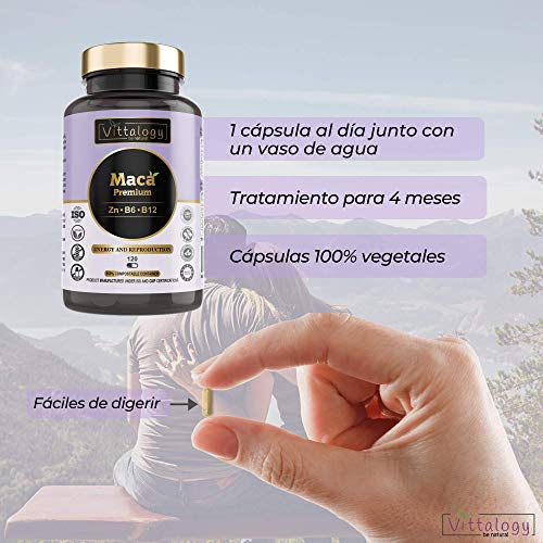 Vittalogy Maca Premium. Maca Andina Pura 4000 mg Con Vitaminas B6 Y B12 Y Zinc. Raíz De Maca Peruana Potenciadora Del Deseo Sexual, La Libido Y La Fertilidad. Vigorizante. 120 Cápsulas.