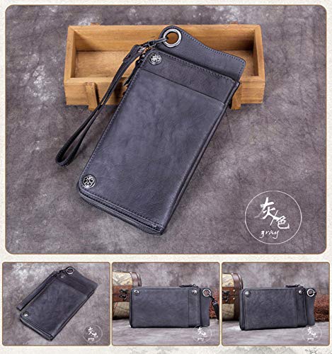 WALLPU Cartera Hecha A Mano para Hombre,Billetera De Cuero De Gamuza para Hombres Billetera Larga con Cremallera Simple para Hombres,Gray