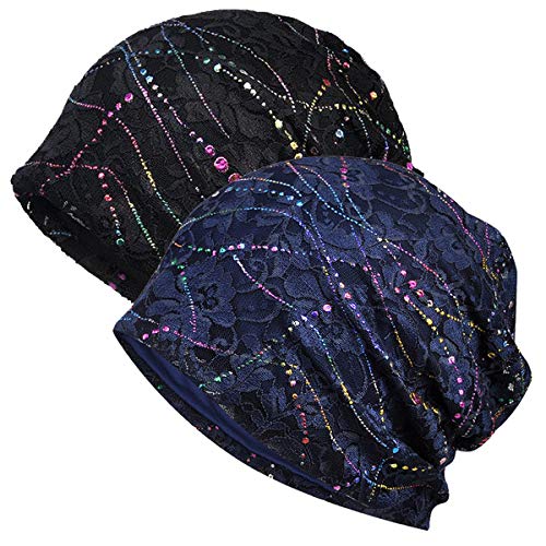 WELROG Sombrero de quimio Sombrero de Mujer Beanie Pañuelo de Cabeza Super Suave Slouchy Turbante Sombreros Envolturas para la Cabeza (Azul Marino/Negro)