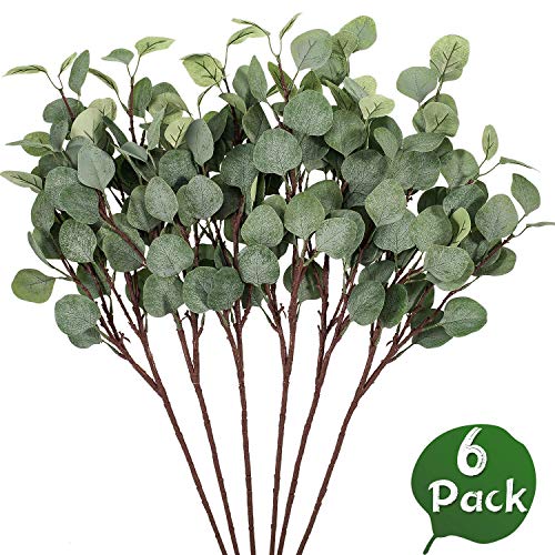 Whaline 6 Pack Ramas de Hojas de Eucalipto Artificiales, Tallo de Dólar de Plata, 23.6" Hoja de Eucalipto en Aerosol para Decoración de Fiestas, Bodas, Jardín, Hogar, Oficina (Gris Verde)