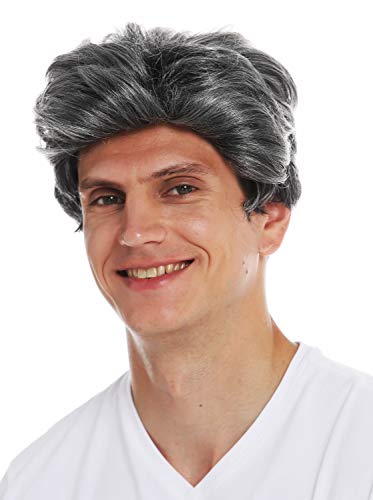 WIG ME UP- 3270-K21B-KB80 Peluca Halloween Carnaval Hombres Pelo Ondulado Corto Raya Gris mechones