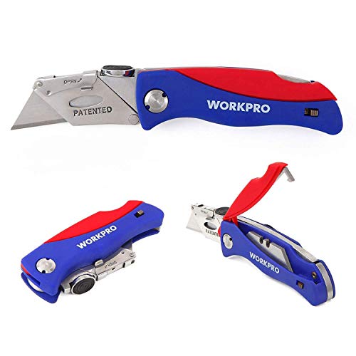 WORKPRO Cutter Plegable,Cuchillo Multiuso, Navaja Táctica Cambio Rápido con 5 Hojas, Mecanismo de Bloqueo