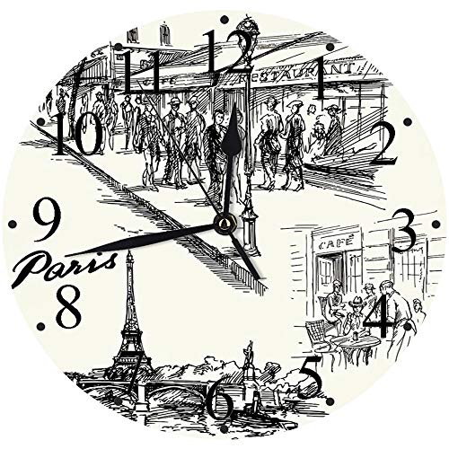 Yaoni Silencioso Wall Clock Decoración de hogar de Reloj de Redondo,Decoración de la Torre Eiffel, Paris Sketch Style Cafe Restaurant Landmark Canal Boat Stree,para Hogar, Sala de Estar, el Aula