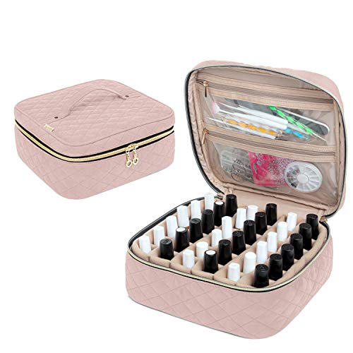 Yarwo Bolsa de Viaje para Esmaltes de Uñas, Caja de Transporte para Esmalte de uñas, Sostiene 36 Botellas(15ml), Organizador de Esmaltes de Uñas y Aceesorios de Manicuras(SOLA BOLSA), Rosa Beige.