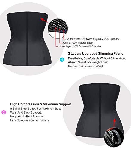 YIANNA Mujer Fajas Reductoras Corsé Waist Trainer Corset Reductor Adelgazante Bustiers de Cinturón Formación Negro,UK-YA- U37G-Black-M