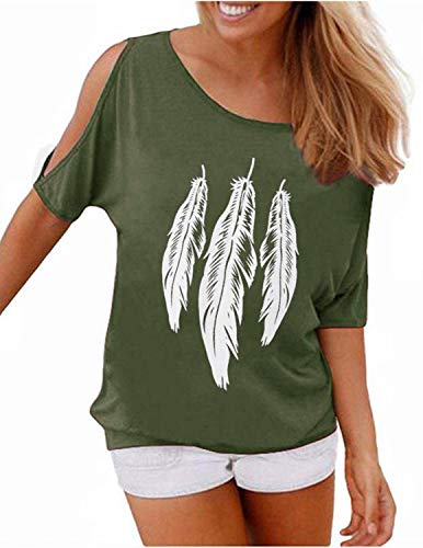 YIPIN Mujer Casual Camiseta Manga Corta Sin Tirantes Verano Estampado de Plumas Suelto T-Shirt Tops (L, Verde)