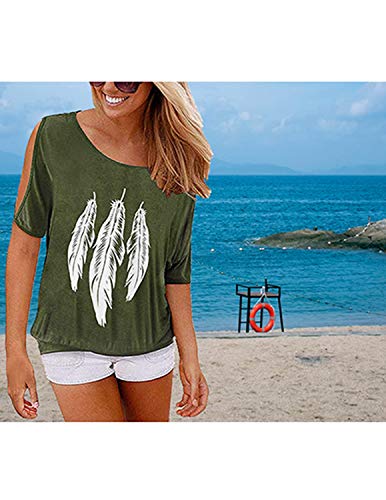 YIPIN Mujer Casual Camiseta Manga Corta Sin Tirantes Verano Estampado de Plumas Suelto T-Shirt Tops (L, Verde)