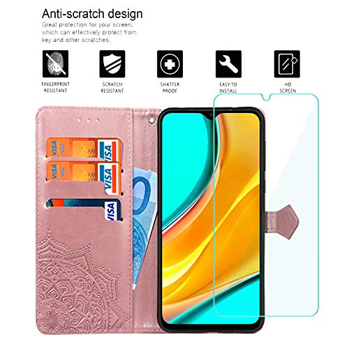 Yohii Funda Xiaomi Redmi 9 + Protector Pantalla de Cristal Templado, Piel PU Soporte Plegable Ranuras Cartera con Tapa Tarjetas Magnético Cuero Flip Carcasas, Case para Xiaomi Redmi 9 - Oro Rosa