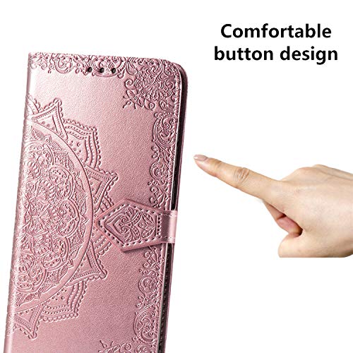 Yohii Funda Xiaomi Redmi 9 + Protector Pantalla de Cristal Templado, Piel PU Soporte Plegable Ranuras Cartera con Tapa Tarjetas Magnético Cuero Flip Carcasas, Case para Xiaomi Redmi 9 - Oro Rosa