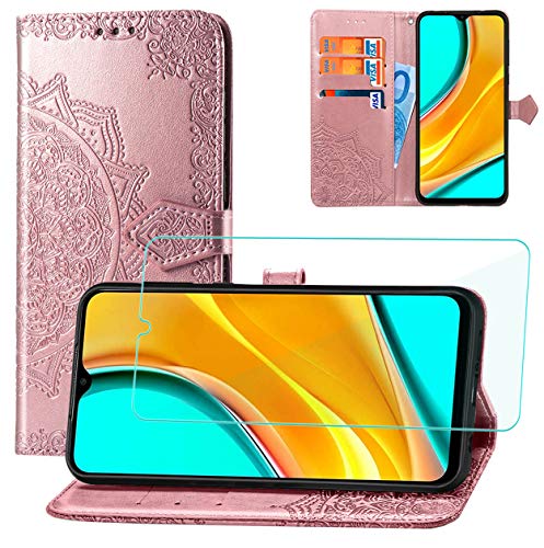 Yohii Funda Xiaomi Redmi 9 + Protector Pantalla de Cristal Templado, Piel PU Soporte Plegable Ranuras Cartera con Tapa Tarjetas Magnético Cuero Flip Carcasas, Case para Xiaomi Redmi 9 - Oro Rosa