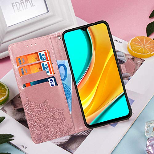 Yohii Funda Xiaomi Redmi 9 + Protector Pantalla de Cristal Templado, Piel PU Soporte Plegable Ranuras Cartera con Tapa Tarjetas Magnético Cuero Flip Carcasas, Case para Xiaomi Redmi 9 - Oro Rosa