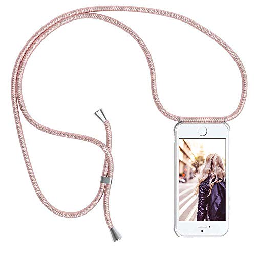 YuhooTech Funda con Cuerda para iPhone 7/ iPhone 8/ iPhone SE 2020, Carcasa Transparente TPU Suave Silicona Cover Case Cubierta con Colgante Ajustable Collar Correa de Cuello Cadena Cordón, Oro Rosa