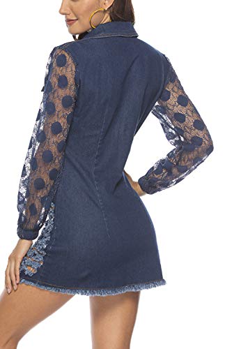 Zilcremo Mini Vestidos De Mezclilla Rasgados De Encaje De Retazos Vestido Bodycon De Mujer Azul Oscuro L