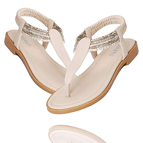 ZOEREA Sandalias Planas para Mujer Verano Bohemia Moda Comodidad Elegante Correa Tobillo Elástica Chanclas Punta Abierta Damas Zapatos Casuales A-Beige,36