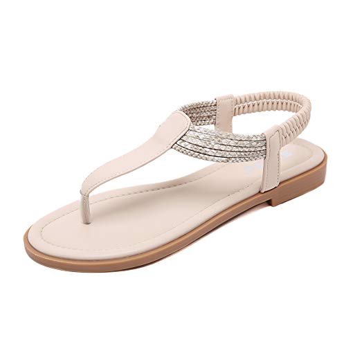 ZOEREA Sandalias Planas para Mujer Verano Bohemia Moda Comodidad Elegante Correa Tobillo Elástica Chanclas Punta Abierta Damas Zapatos Casuales A-Beige,36