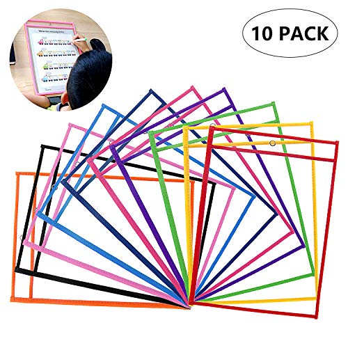 ZWOOS 10 Piezas Resuable Dry Erase Pockets Papelería Suministros, Oficina, para la Organización en el Aula y Colegio, Guardería, Ludoteca (Colores Surtidos), 35.5×25.5 cm