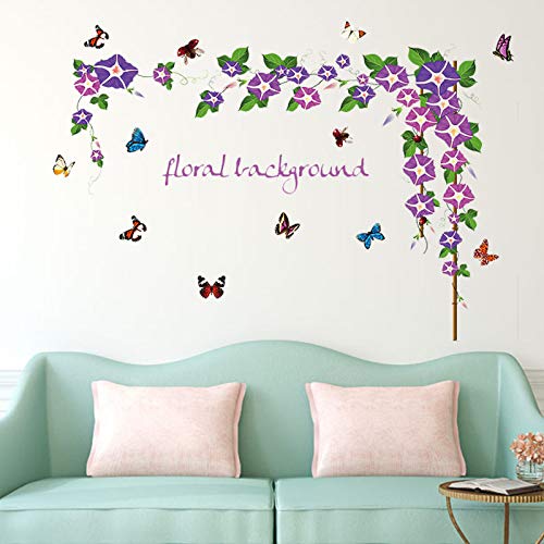 ZWXDMY Decorativas Pegatinas De Pared,Violeta Morning Glory Vides Flores Fondo Floral Mariquita Mariposa Impermeable Extraíble Decoración Dormitorio Salón Cartel Mural