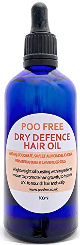 100% NATURAL - ACEITE para CABELLO SECO - 100 ml - por POO FREE - Argán, almendra, jojoba, geranio y lavanda - Mezcla ligera de aceites. Beneficioso para el cabello seco y el cuero cabelludo.