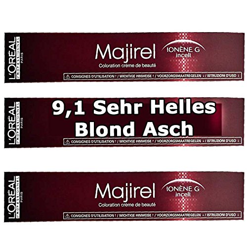 3 x Loreal majirel 9,1 muy brillante Rubio Ceniza Crema Color del pelo – 50 ml