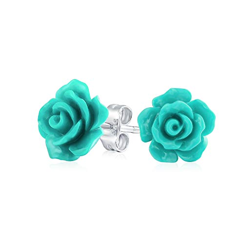 3D Quiso Teal Aqua Flor Rosa Verde Pendiente De Boton Para La Mujer, Para La Madre Adolescente Post Chapados En Plata.