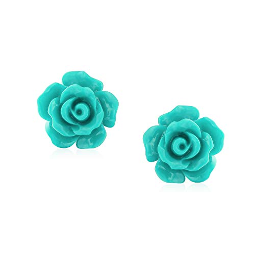 3D Quiso Teal Aqua Flor Rosa Verde Pendiente De Boton Para La Mujer, Para La Madre Adolescente Post Chapados En Plata.