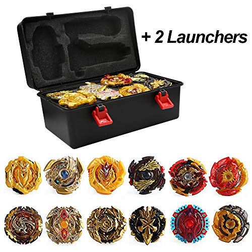 3T6B Conjunto de Peonzas Juguetes con Estuche Portátil, 12 Nuevo Nado Spinner con 2 Turbo Burst Launcher, Gyro Spinning Pocket Box