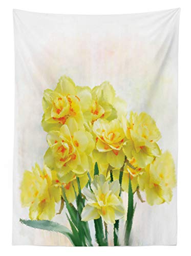 ABAKUHAUS Narciso Mantele, Pintura de narcisos Ramo, Resistente al Agua Lavable Colores No Destiñen Personalizado, 140 x 240 cm, Amarillo Verde