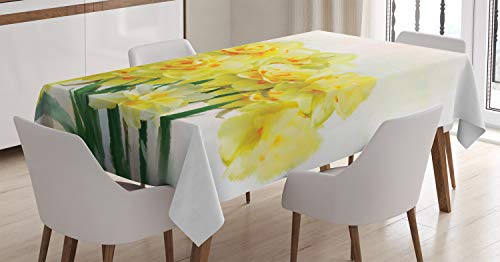 ABAKUHAUS Narciso Mantele, Pintura de narcisos Ramo, Resistente al Agua Lavable Colores No Destiñen Personalizado, 140 x 240 cm, Amarillo Verde