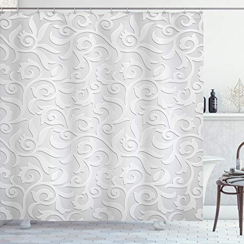 ABAKUHAUS Plata Cortina de Baño, Abstracto Natural Hojas de Hiedra Flores Ramas Curvas Vid Patrón Estilo Victoriano Estampa, Material Resistente al Agua Durable Estampa Digital, 175 x 200 cm, Gris