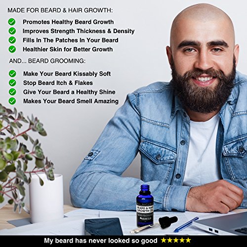 Aceite para el Crecimiento de la Barba y del Pelo | 30ml | Con Una Alta Concentración de Biotina | Olor a Madera de Cedro, Eucalipto y Romero | La Mejor Solución para una Barba Desigual