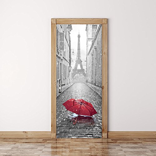 Adhesivo para puerta con efecto 3D, diseño de atrapasueños de ojos para puerta, cocina, salón, dormitorio, cuarto de baño, estilo de papel pintado para paredes – Paraguas en París – 204 x 83 cm