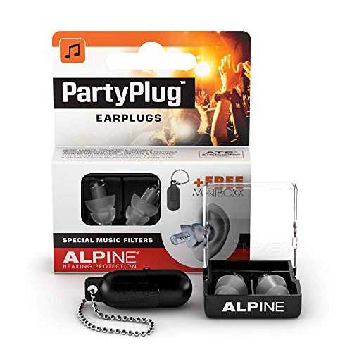 Alpine PartyPlug Tapones para los oídos para Fiestas, festivales de música y conciertos - Gran calidad musical - Cómodo material hipoalergénico + Contenedor llavero - Tapones reutilizables - Clear