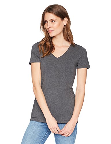 Amazon Essentials Camiseta de manga corta clásico con cuello en V, Mujer, Gris (Carbón Jaspeado/Gris Claro Jaspeado), L, pack de 2