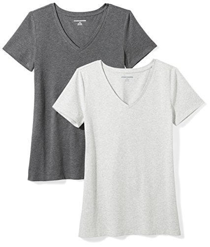 Amazon Essentials Camiseta de manga corta clásico con cuello en V, Mujer, Gris (Carbón Jaspeado/Gris Claro Jaspeado), L, pack de 2