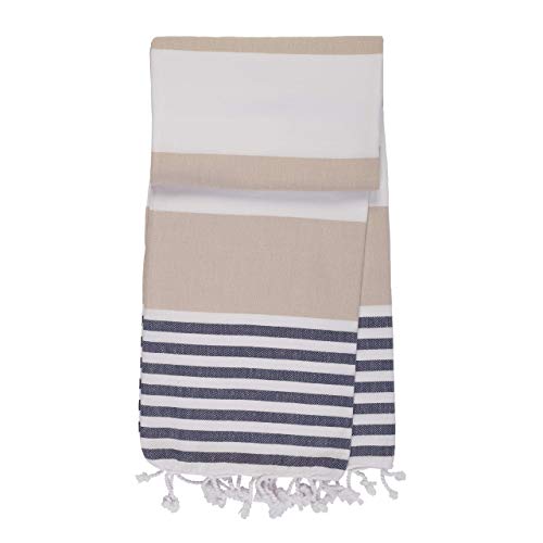 ANATURES Toallas De Playa - De Hammam 95x185cm Marina | Prelavado - Oeko-Tex® - Algodón Orgánico Peinado - Toalla De Baño - Fouta para Sauna en Muchos Colores Pareo XXL (Beige/Azul Marino)