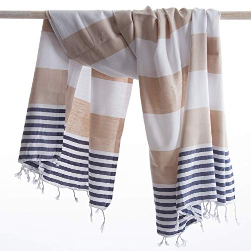 ANATURES Toallas De Playa - De Hammam 95x185cm Marina | Prelavado - Oeko-Tex® - Algodón Orgánico Peinado - Toalla De Baño - Fouta para Sauna en Muchos Colores Pareo XXL (Beige/Azul Marino)