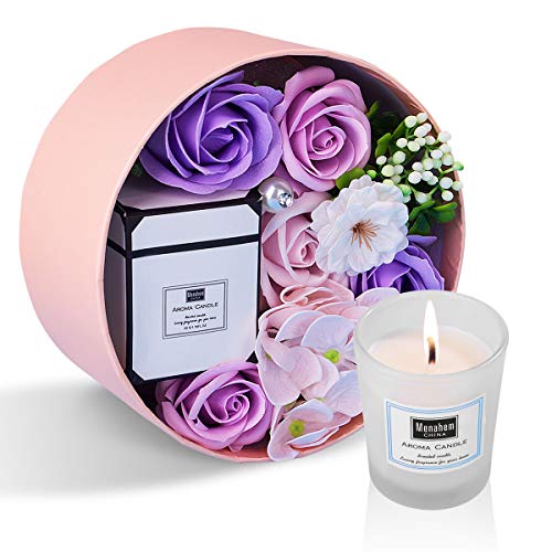 ANBET Caja Redonda de Flores de jabón para Mujeres con Velas perfumadas Rosa Artificial y Cera Vegetal Natural Aromaterapia Regalo de baño para Aniversario, día de San Valentín, día del Maestro