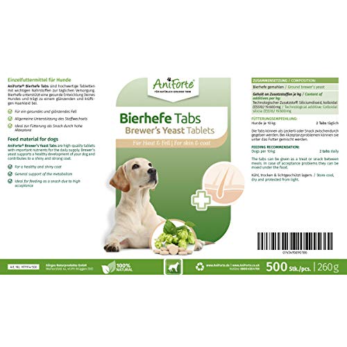 AniForte Tabletas de levadura de Cerveza Perros 500 Piezas - Producto Natural, Pelo Brillante y Fuerte, Piel Vital, Condición General de fortalecimiento y promoción, Vitaminas y minerales