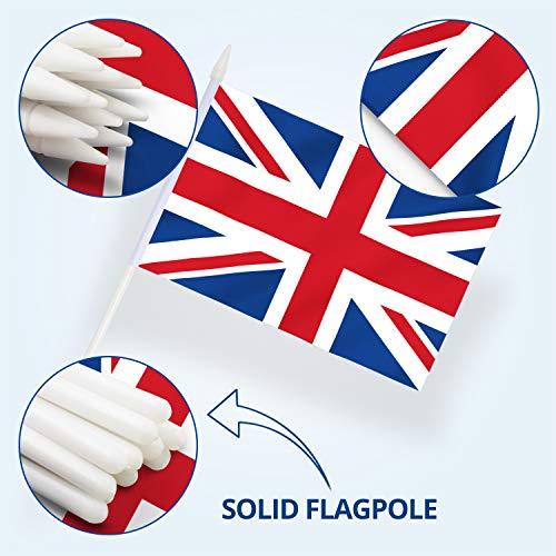 Anley Bandera británica Union Jack Stick, Gran Bretaña Mini Bandera portátil de 5 x 8 Pulgadas (12 x 20 cm) con Poste sólido Blanco de 12"(30 cm) - Color Vivo y Resistente a la decoloración