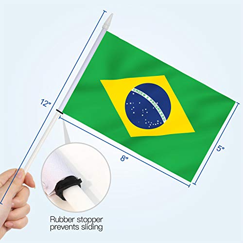 Anley Bandera de Palo de Brasil, Bandera brasileña de 5 x 8 Pulgadas (12 x 20 cm) Mini con Mango de 12"(30 cm) de Poste sólido Blanco - Color Vivo y Resistente a la decoloración - Banderas