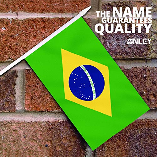 Anley Bandera de Palo de Brasil, Bandera brasileña de 5 x 8 Pulgadas (12 x 20 cm) Mini con Mango de 12"(30 cm) de Poste sólido Blanco - Color Vivo y Resistente a la decoloración - Banderas