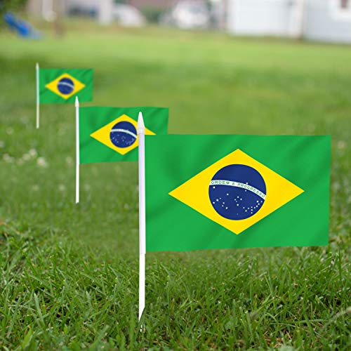 Anley Bandera de Palo de Brasil, Bandera brasileña de 5 x 8 Pulgadas (12 x 20 cm) Mini con Mango de 12"(30 cm) de Poste sólido Blanco - Color Vivo y Resistente a la decoloración - Banderas