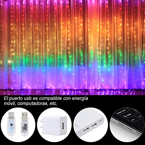 Anpro Luz Cadena Colorida, Luz de Cortina USB, 7 Colores con 280 Bombillas LED, 8 Modos de Luz, 3x2.8 m