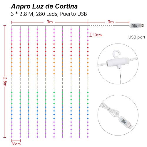 Anpro Luz Cadena Colorida, Luz de Cortina USB, 7 Colores con 280 Bombillas LED, 8 Modos de Luz, 3x2.8 m