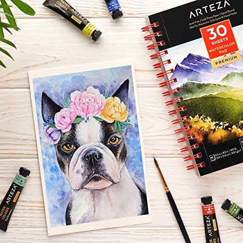 Arteza Cuadernos de acuarela | 13,9x21,6 cm | Pack de 3 blocs de 30 hojas | Papel de acuarela Arteza | Grosor 300 gsm| Color blanco, sin ácido, ideal para acuarelas, medios secos y técnicas mixtas