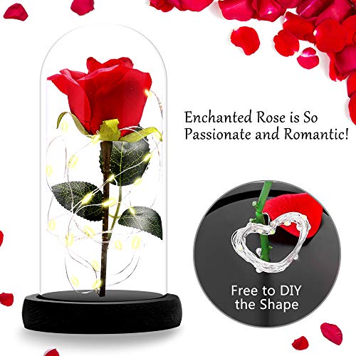 ASANMU Kit de Rosas, Bella y la Bestia Rosa de Seda Roja y luz LED con Pétalos Caídos en Cúpula de Cristal sobre una Base de Madera Mejor Regalo para día de San Valentín, Navidad, Cumpleaños (Roja)