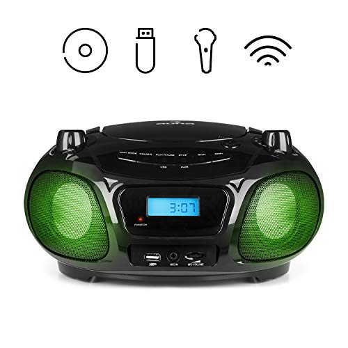 auna Roadie Sing CD - Boombox , Radio con CD , Reproductor de CD , Karaoke , Tamaño Compacto , Efecto Luminoso LED , Conectividad Bluetooth , Micrófono , con Cable o con Pilas , Negro