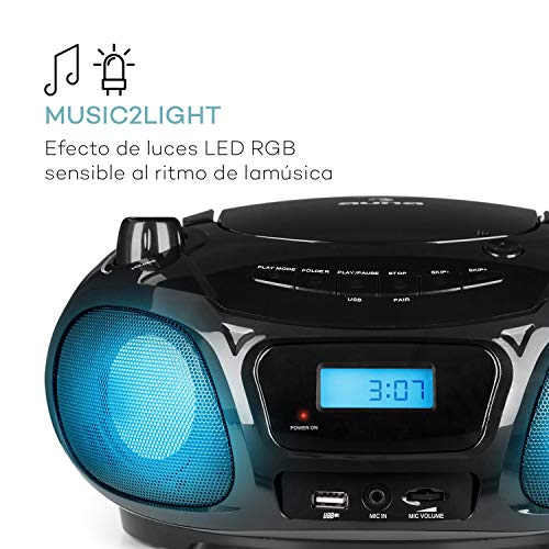 auna Roadie Sing CD - Boombox , Radio con CD , Reproductor de CD , Karaoke , Tamaño Compacto , Efecto Luminoso LED , Conectividad Bluetooth , Micrófono , con Cable o con Pilas , Negro